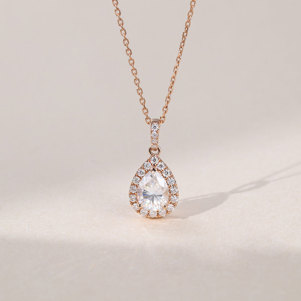 2.20 TCW Pear Moissanite Diamond Halo Pendant Necklace in Solid Gold 1